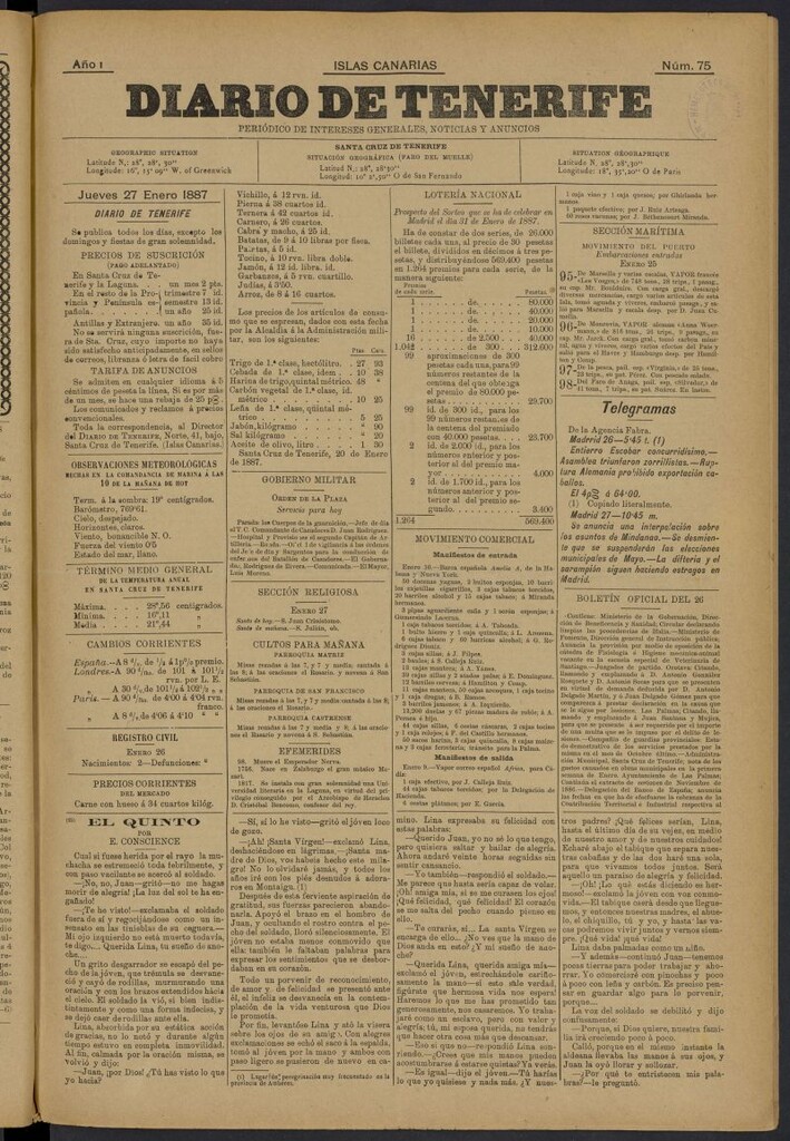 Miniatura de Diario de Tenerife del 27 de enero de 1887, nº 75