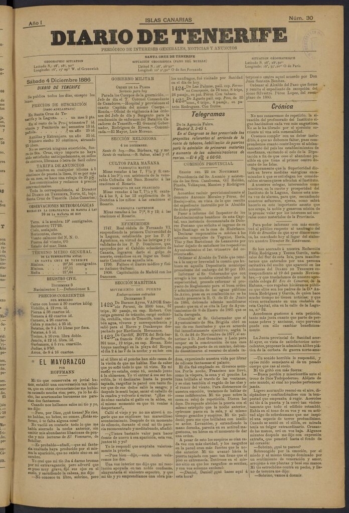 Miniatura de Diario de Tenerife del 4 de diciembre de 1886, nº 30