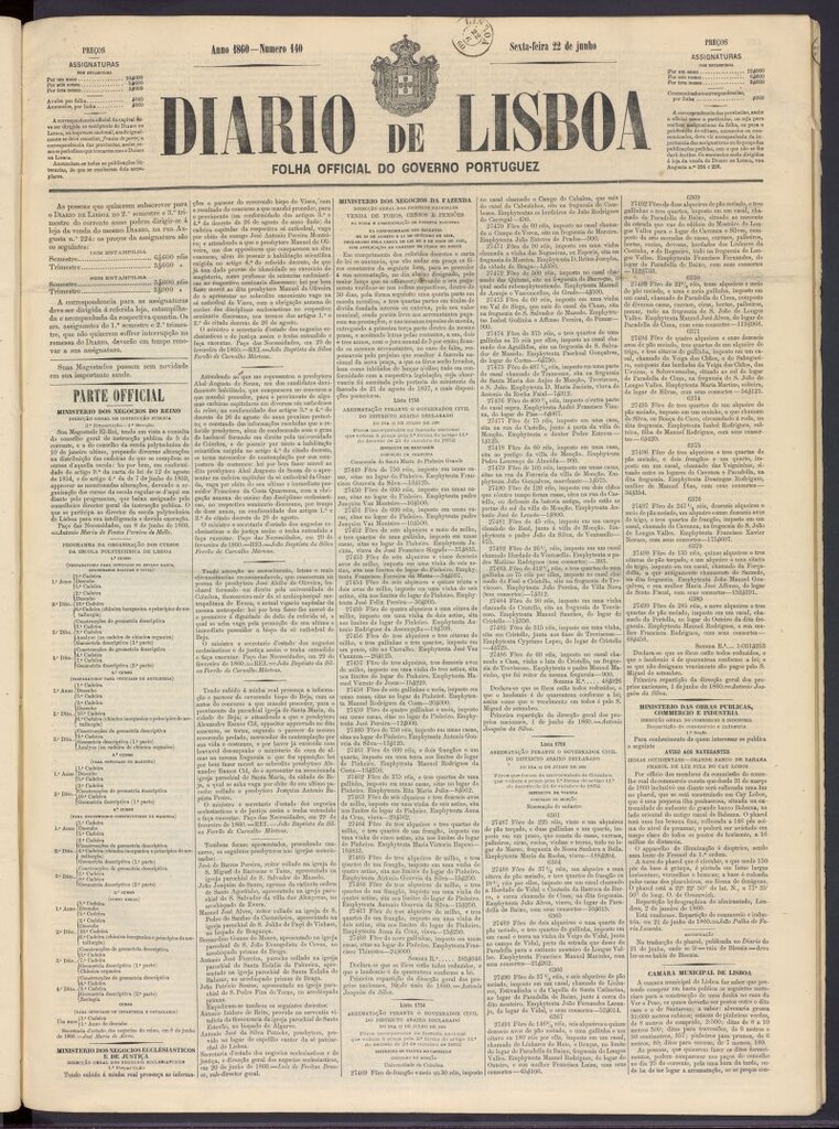 Miniatura de Diário de Lisboa : folha official do goberno portugues del 22 de junio de 1860, nº 140