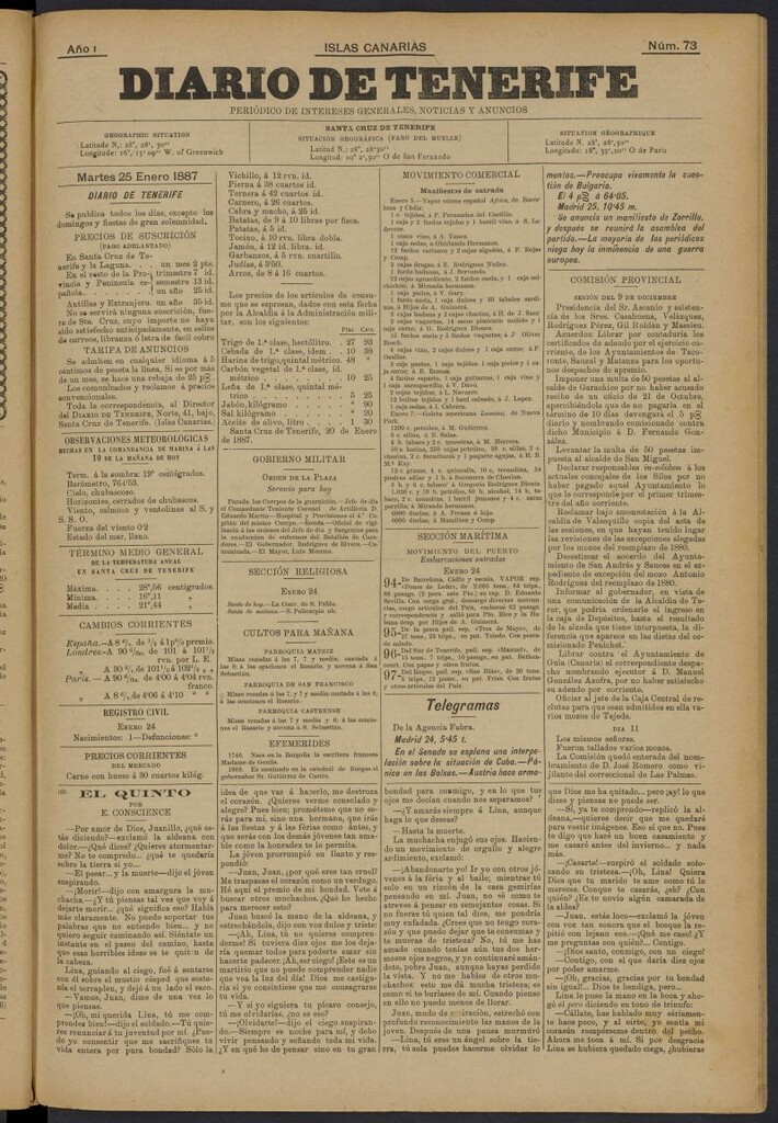 Miniatura de Diario de Tenerife del 25 de enero de 1887, nº 73