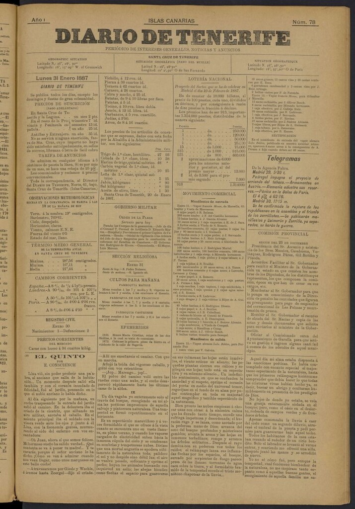 Miniatura de Diario de Tenerife del 31 de enero de 1887, nº 78