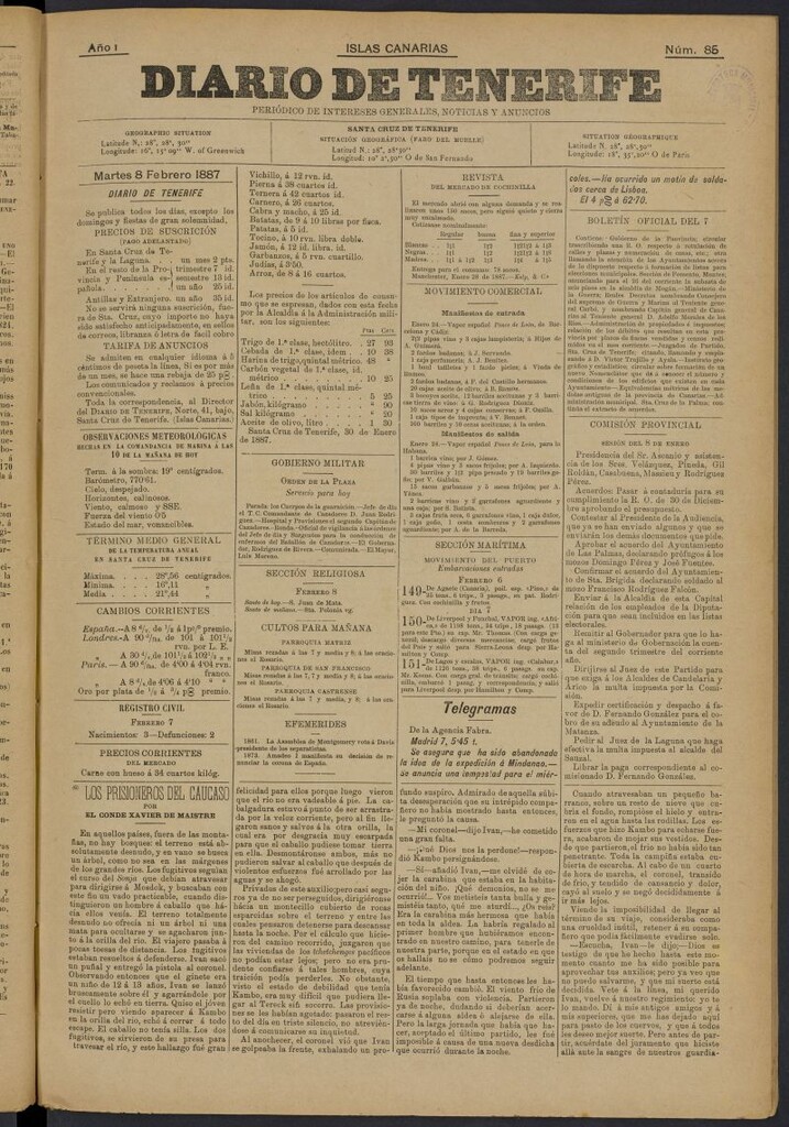 Miniatura de Diario de Tenerife del 8 de febrero de 1887, nº 85