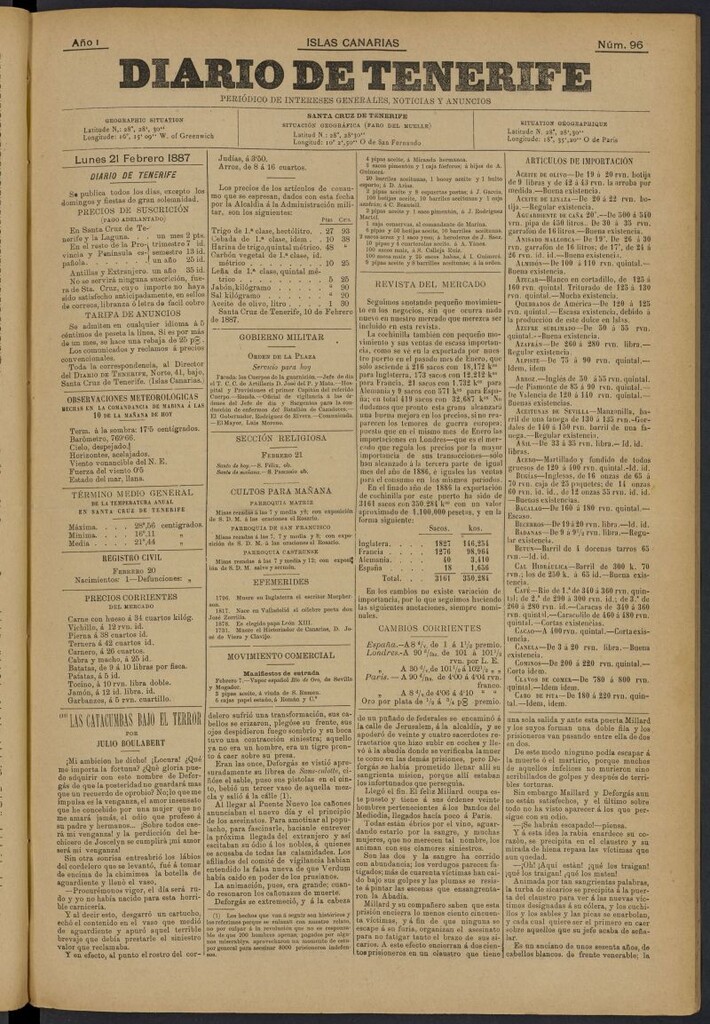 Miniatura de Diario de Tenerife del 21 de febrero de 1887, nº 96