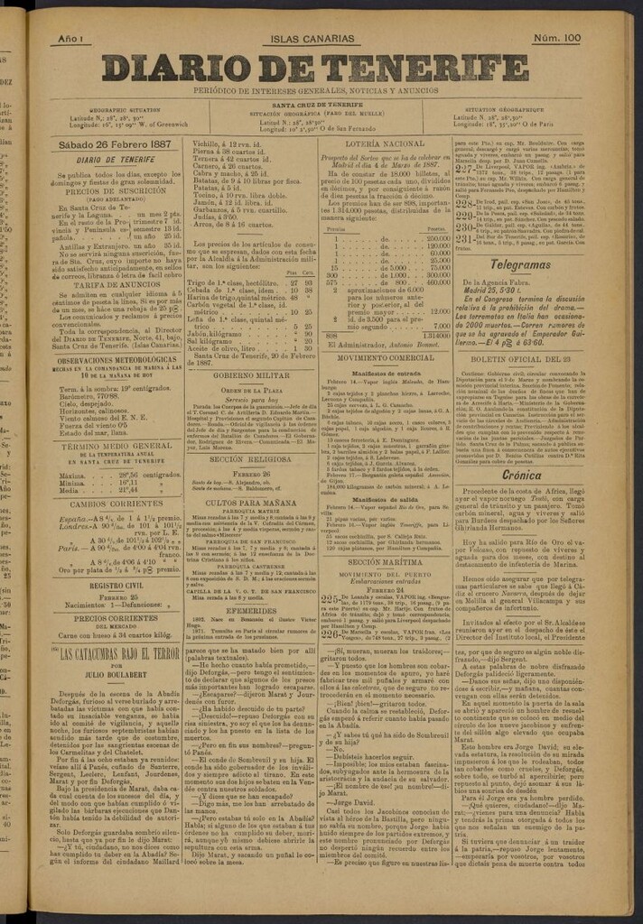 Miniatura de Diario de Tenerife del 26 de febrero de 1887, nº 100