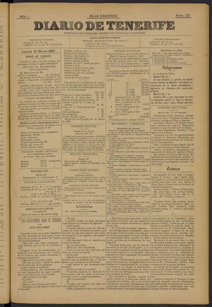 Miniatura de Diario de Tenerife del 31 de marzo de 1887, nº 127