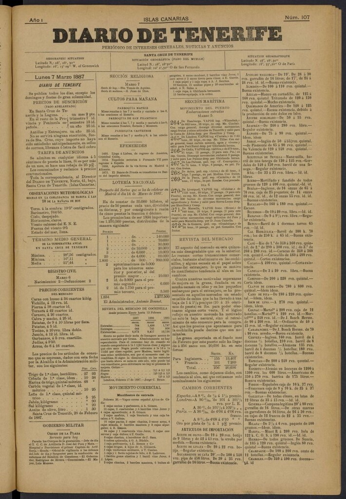 Miniatura de Diario de Tenerife del 7 de marzo de 1887, nº 107