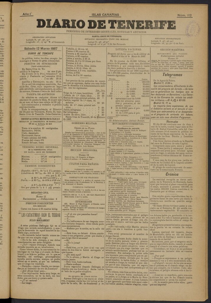 Miniatura de Diario de Tenerife del 12 de marzo de 1887, nº 112