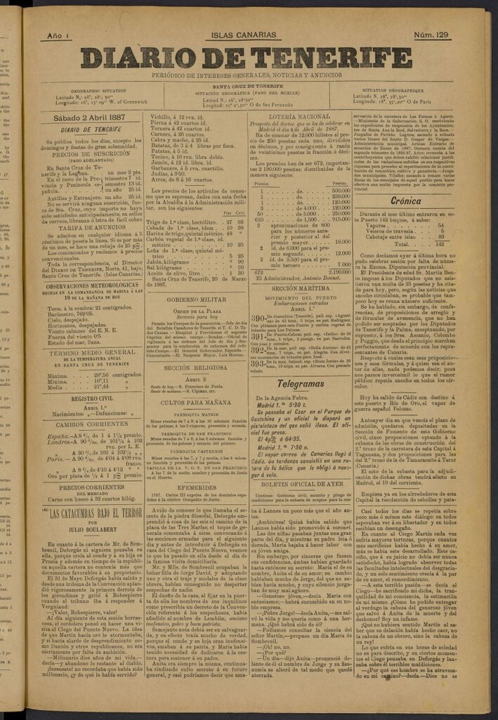 Miniatura de Diario de Tenerife del 2 de abril de 1887, nº 129