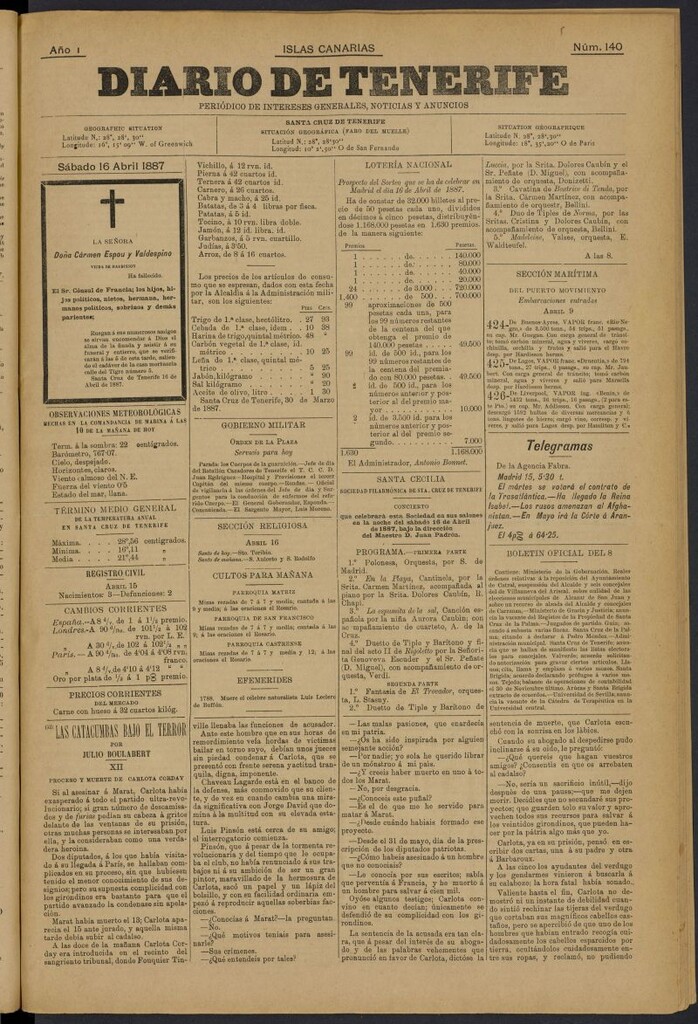 Miniatura de Diario de Tenerife del 16 de abril de 1887, nº 140