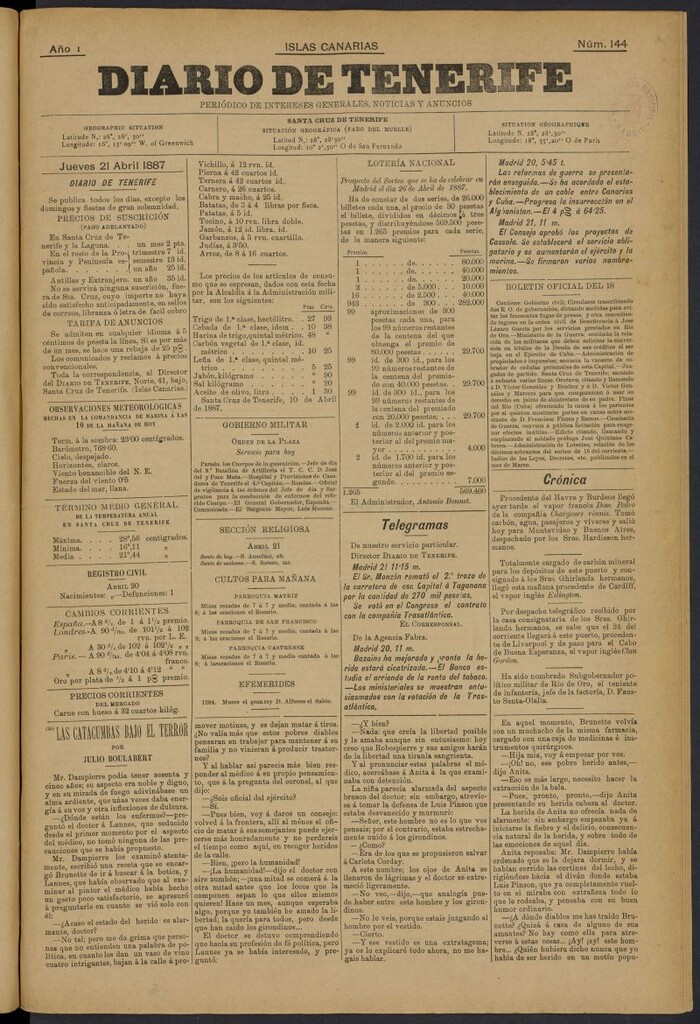 Miniatura de Diario de Tenerife del 21 de abril de 1887, nº 144
