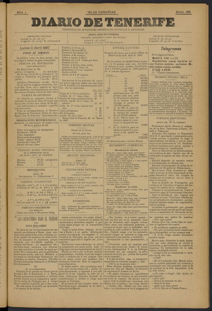 Miniatura de Diario de Tenerife del 11 de abril de 1887, nº 135