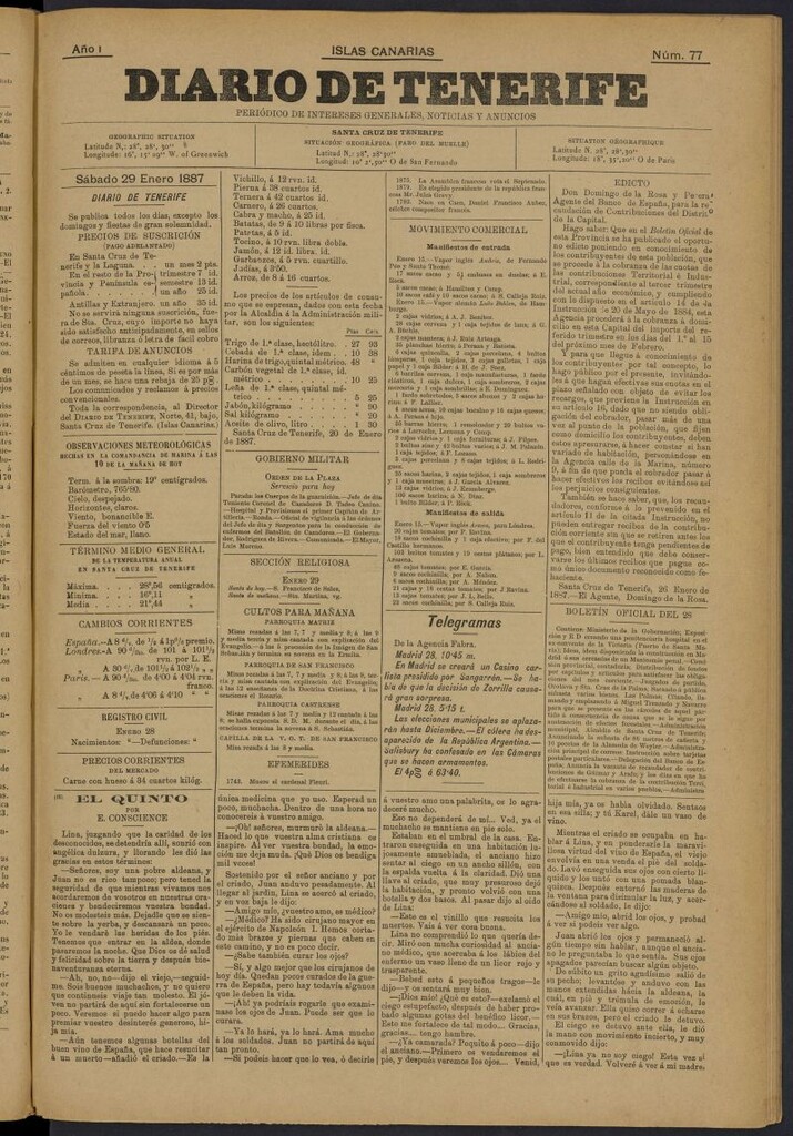 Miniatura de Diario de Tenerife del 29 de enero de 1887, nº 77