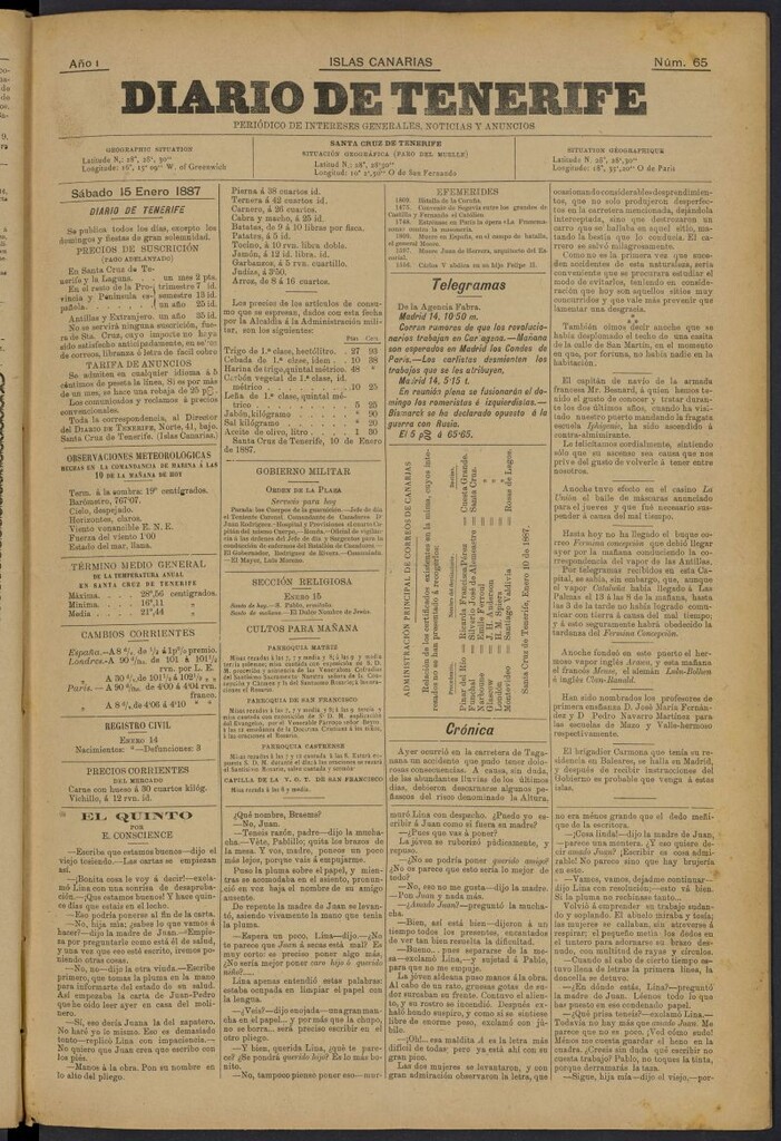 Miniatura de Diario de Tenerife del 15 de enero de 1887, nº 65