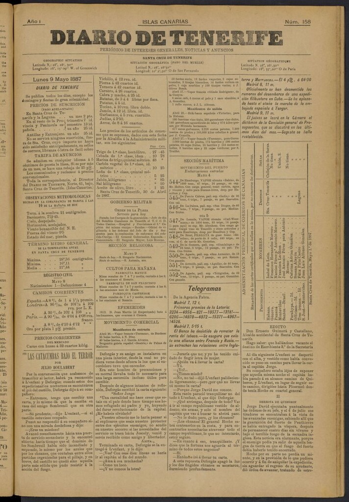 Miniatura de Diario de Tenerife del 9 de mayo de 1887, nº 158