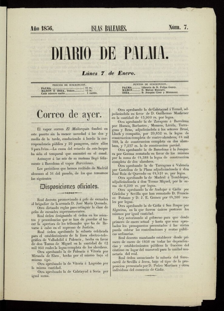 Miniatura de Diario de Palma del 7 de enero de 1856, nº 7