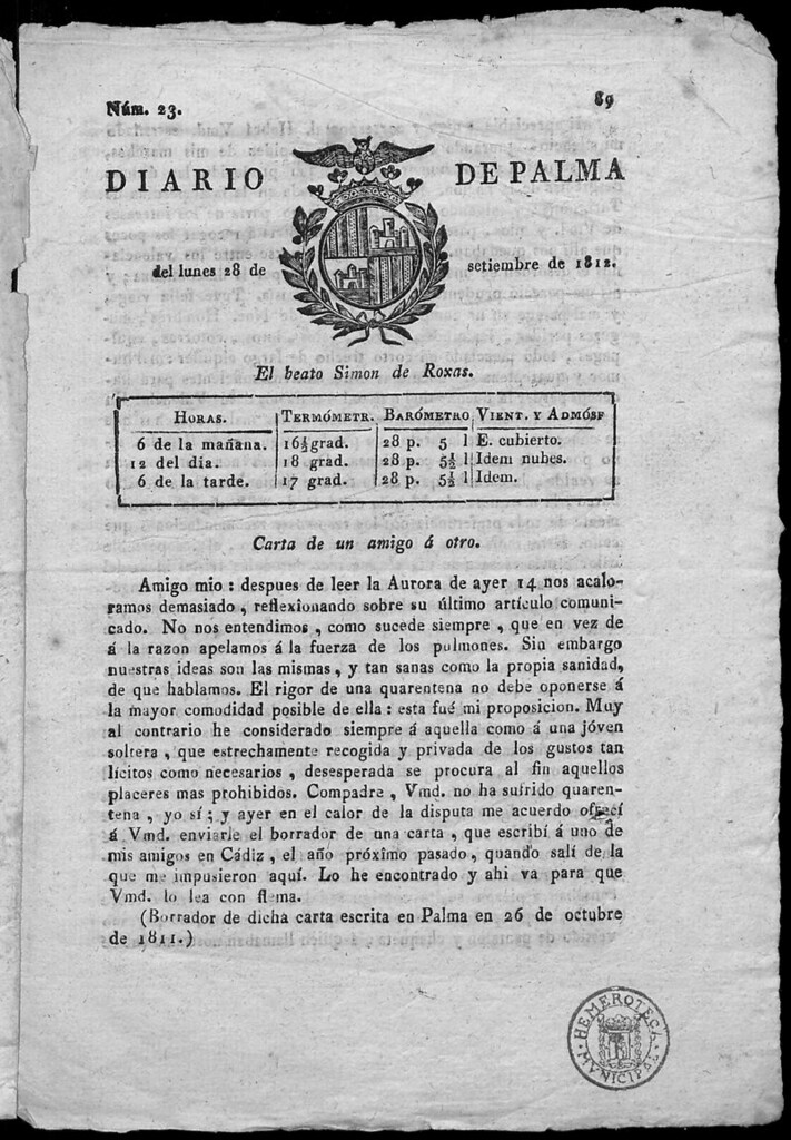 Miniatura de Diario de Palma del lunes 28 de septiembre de 1812