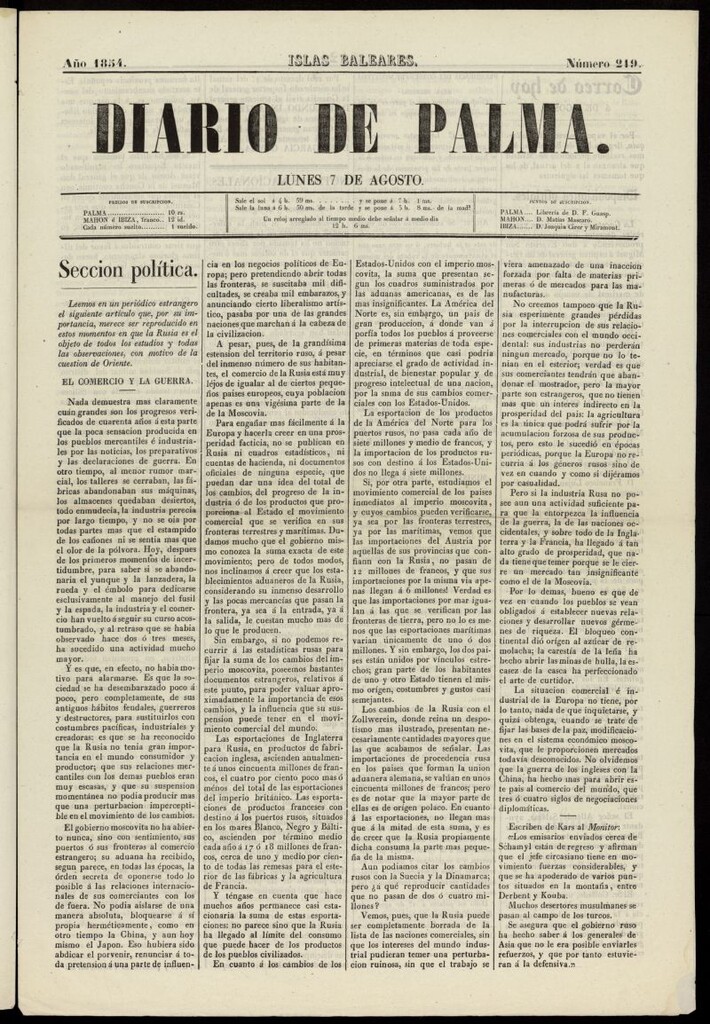 Miniatura de Diario de Palma del 7 de agosto de 1854, nº 219