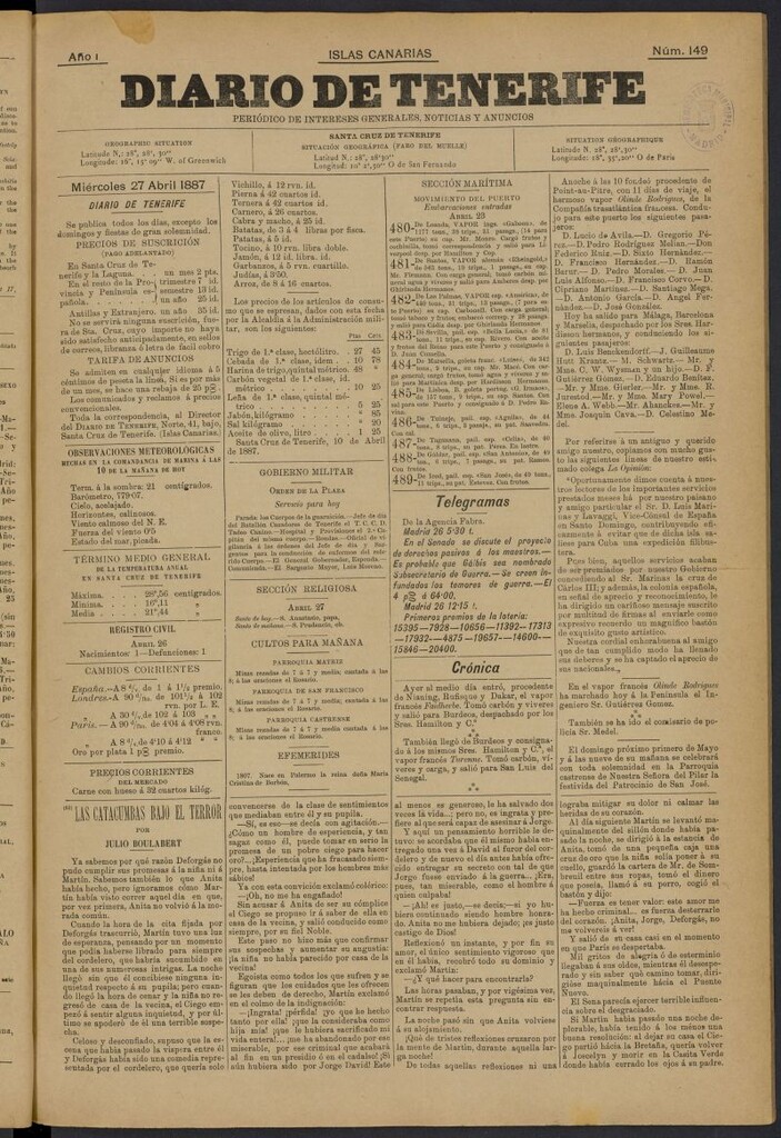 Miniatura de Diario de Tenerife del 27 de abril de 1887, nº 149