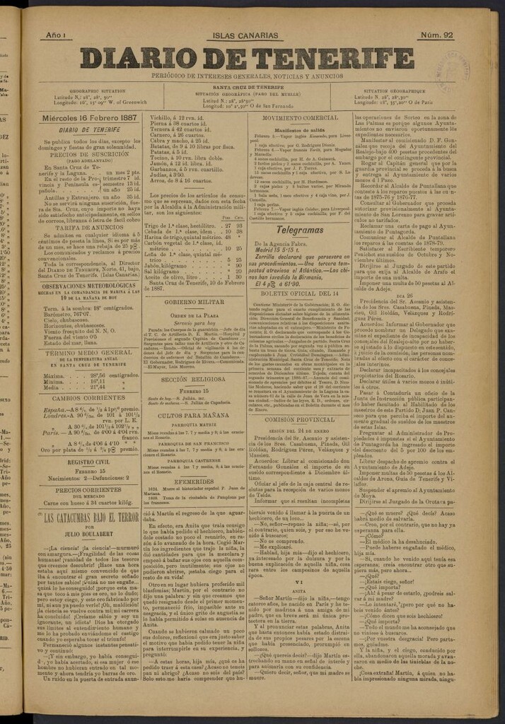 Miniatura de Diario de Tenerife del 16 de febrero de 1887, nº 92