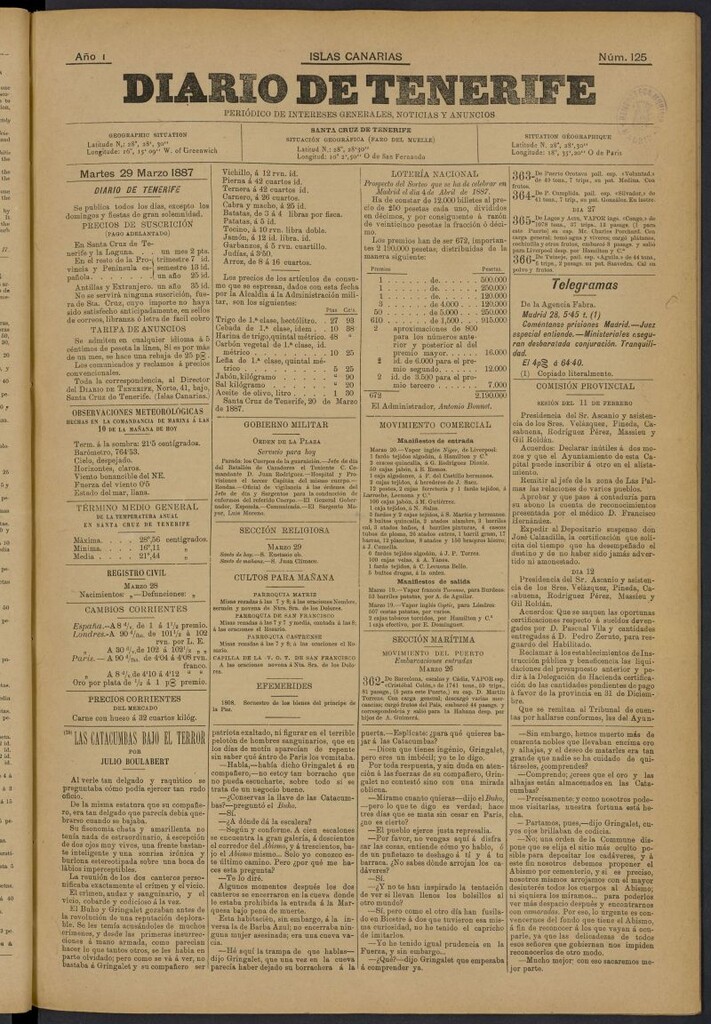Miniatura de Diario de Tenerife del 29 de marzo de 1887, nº 125