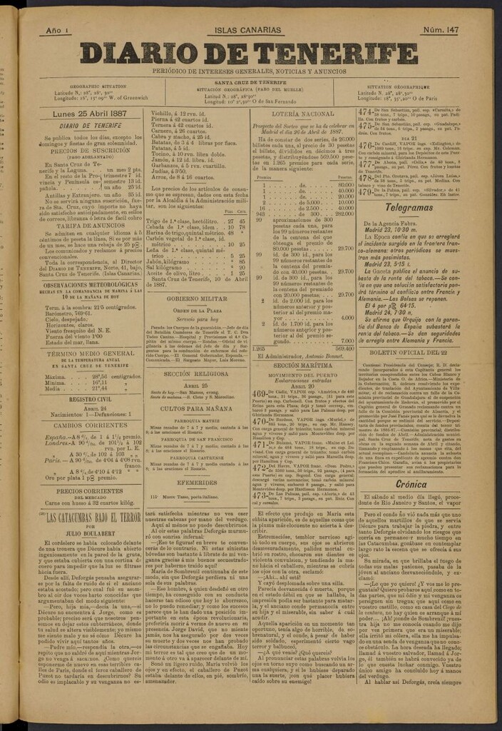 Miniatura de Diario de Tenerife del 25 de abril de 1887, nº 147
