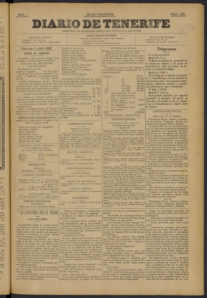Miniatura de Diario de Tenerife del 1 de abril de 1887, nº 128