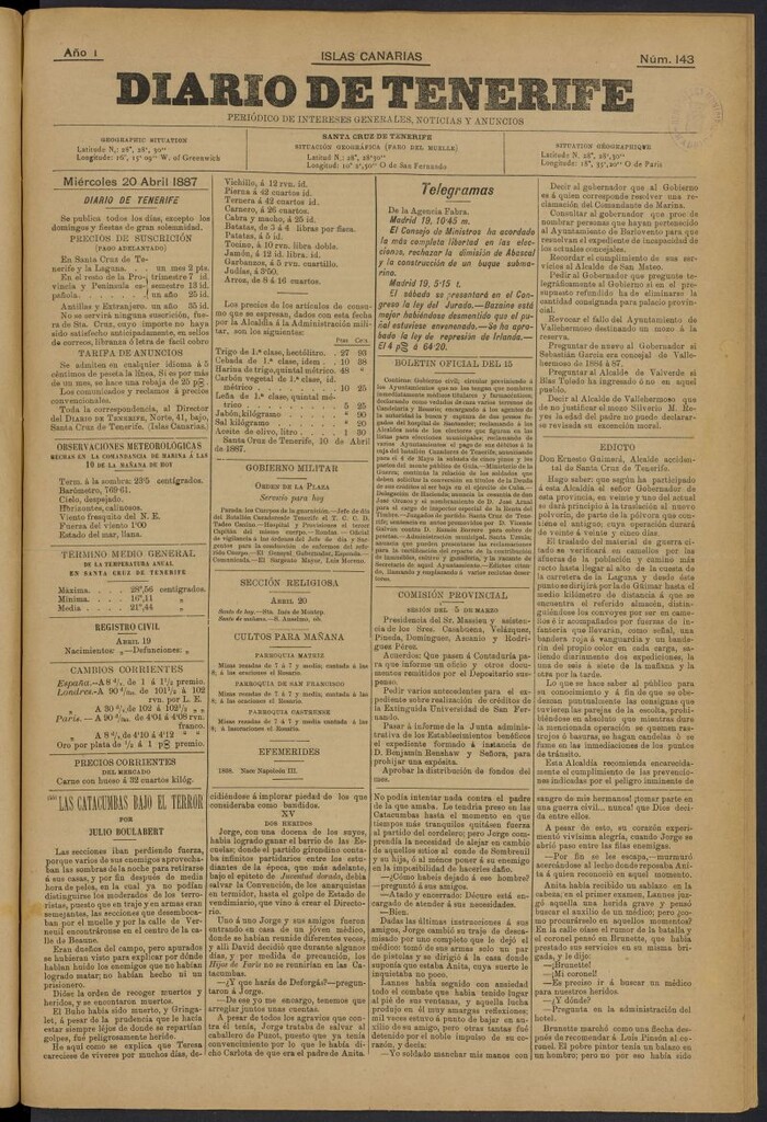Miniatura de Diario de Tenerife del 20 de abril de 1887, nº 143