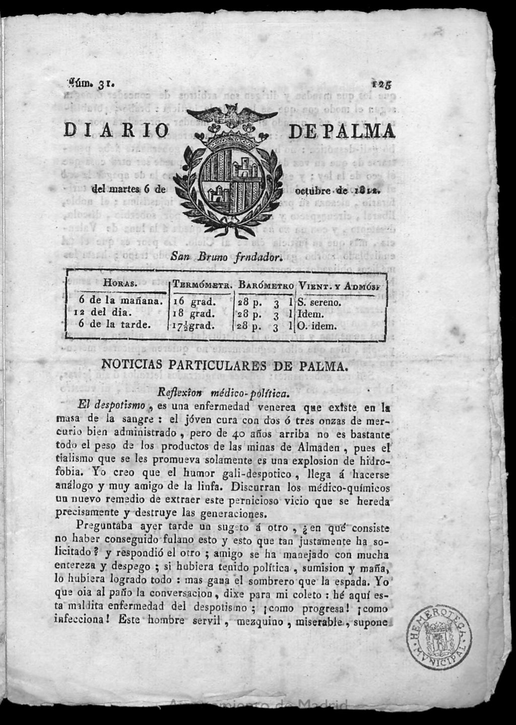 Miniatura de Diario de Palma del martes 6 de octubre de 1812