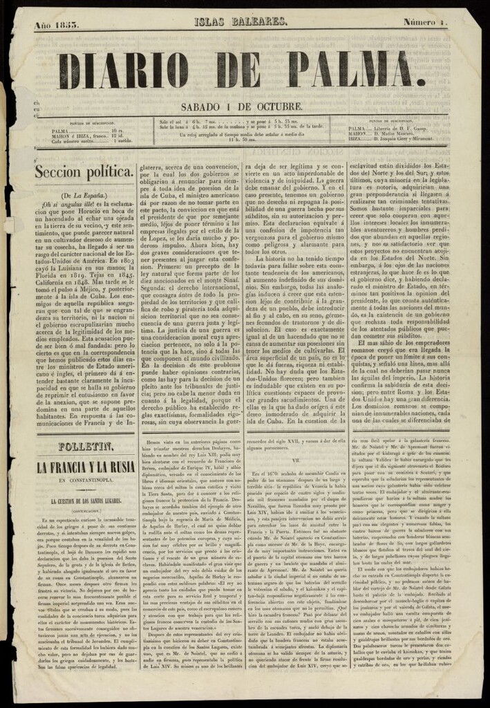 Miniatura de Diario de Palma 1 de octubre de 1853, nº 1