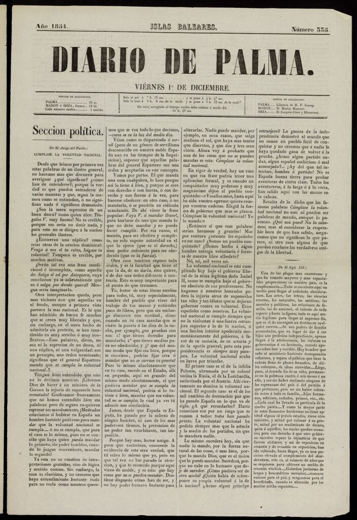 Miniatura de Diario de Palma del 1 de diciembre de 1854, nº 335