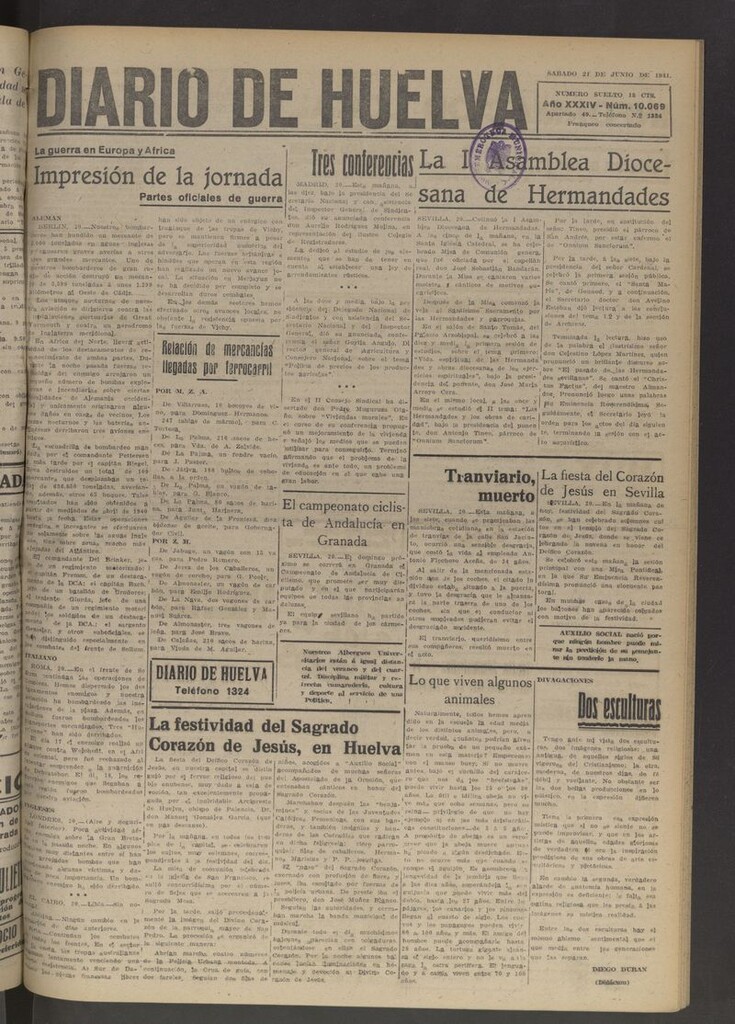 Miniatura de Diario de Huelva : periódico independiente del 21 de junio de 1941