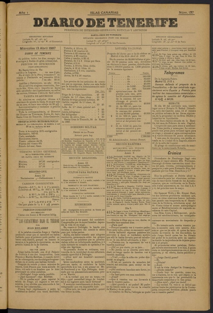 Miniatura de Diario de Tenerife del 13 de abril de 1887, nº 137