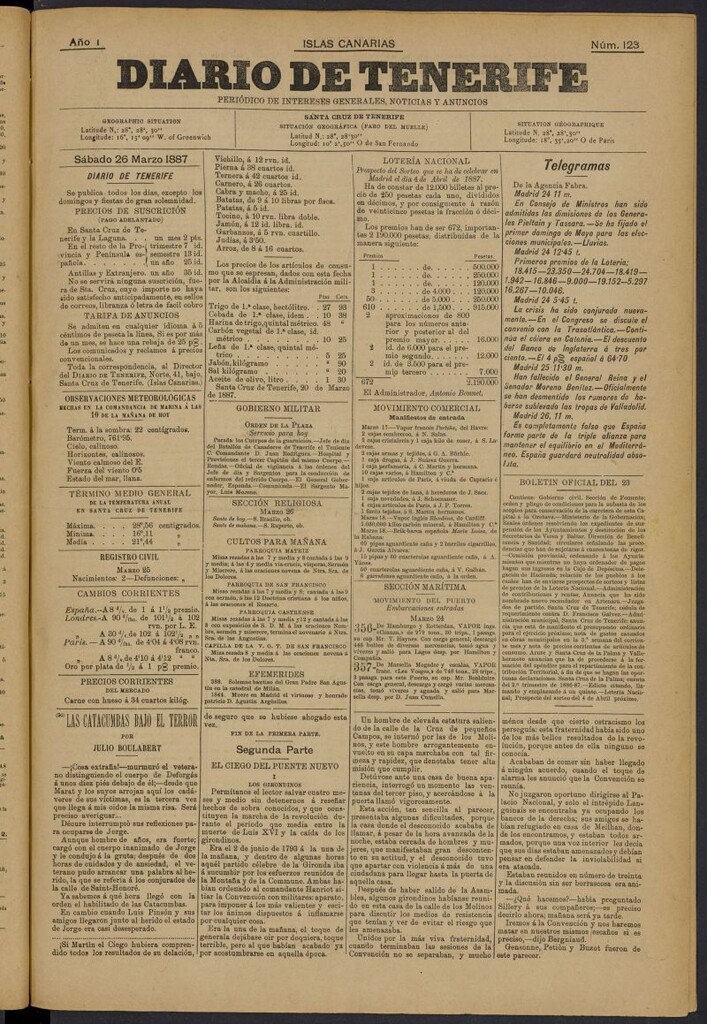 Miniatura de Diario de Tenerife del 26 de marzo de 1887, nº 123