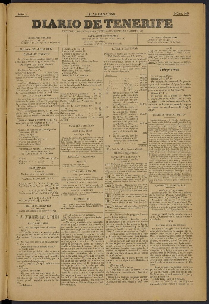 Miniatura de Diario de Tenerife del 23 de abril de 1887, nº 146