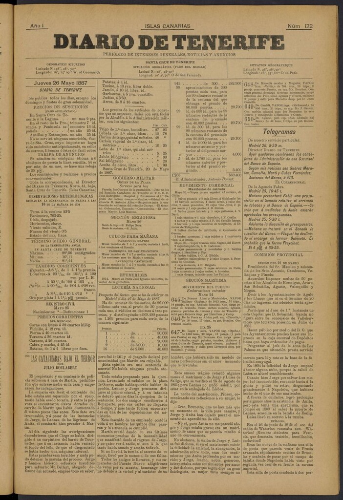 Miniatura de Diario de Tenerife del 26 de mayo de 1887, nº 172