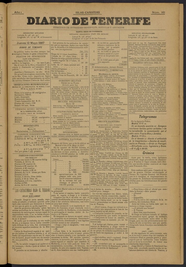 Miniatura de Diario de Tenerife del 12 de mayo de 1887, nº 161