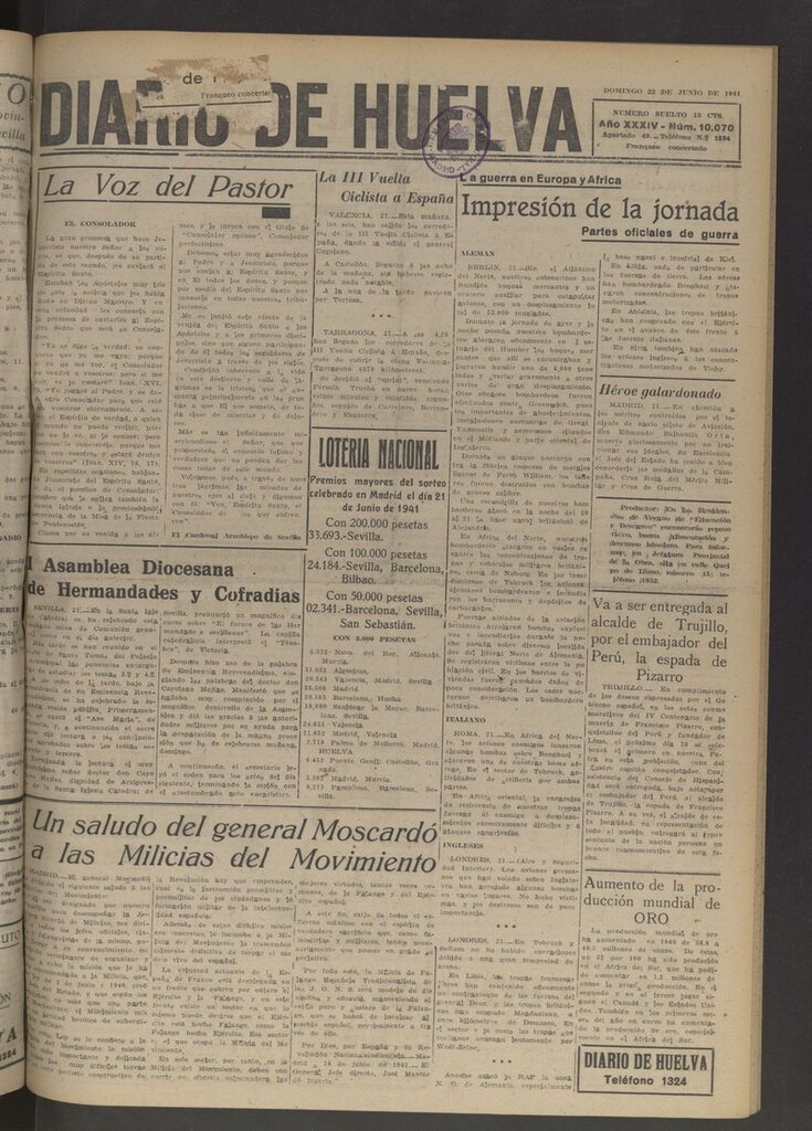 Miniatura de Diario de Huelva : periódico independiente del 22 de junio de 1941