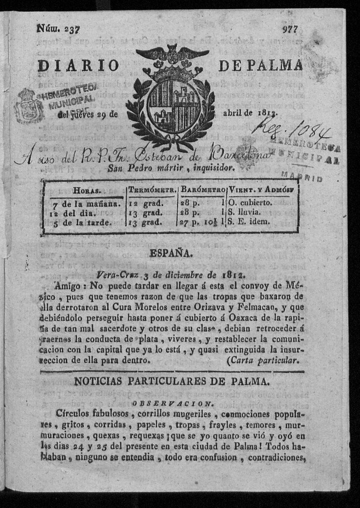 Miniatura de Diario de Palma del jueves 29 de abril de 1813