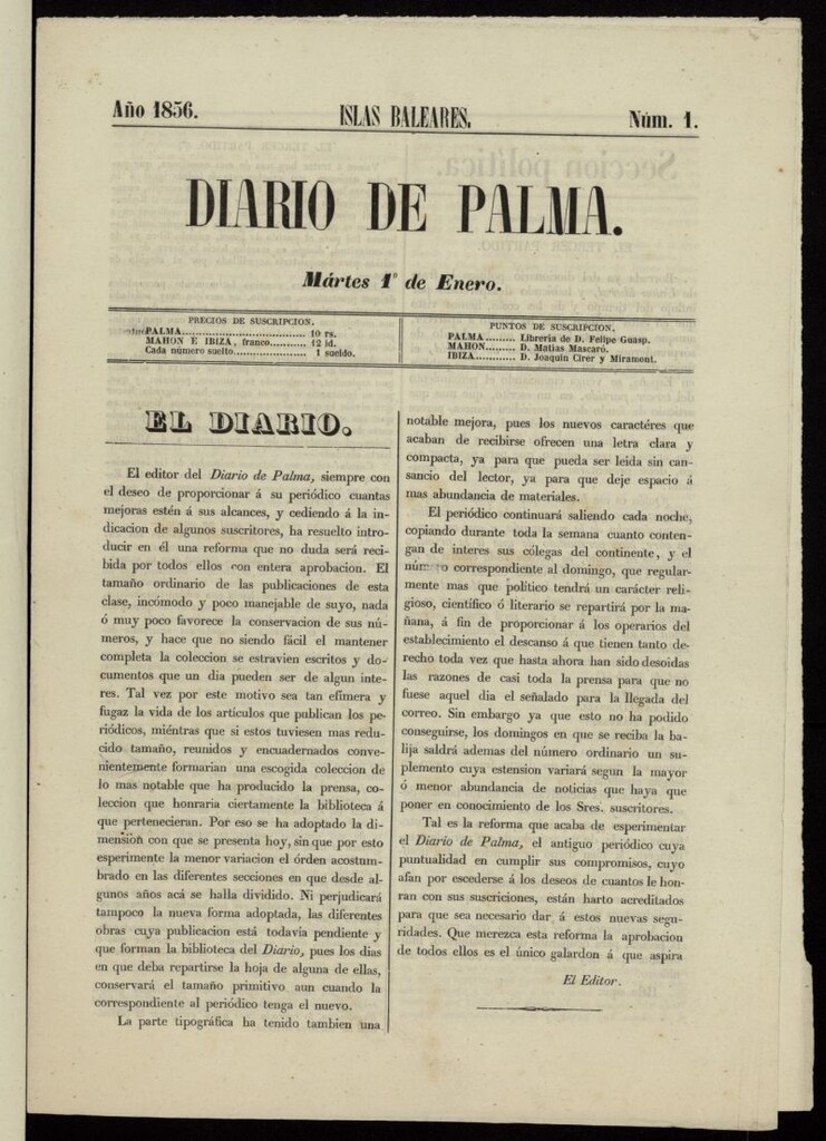 Miniatura de Diario de Palma del 1 de enero de 1856, nº 1