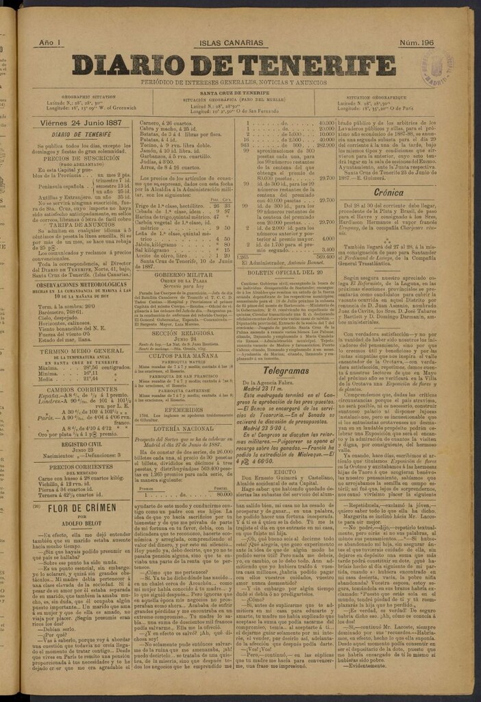 Miniatura de Diario de Tenerife del 24 de junio de 1887, nº 196
