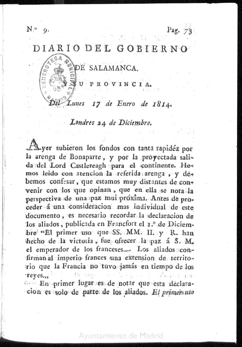 Miniatura de Diario del gobierno de Salamanca del lunes 17 de enero de 1814