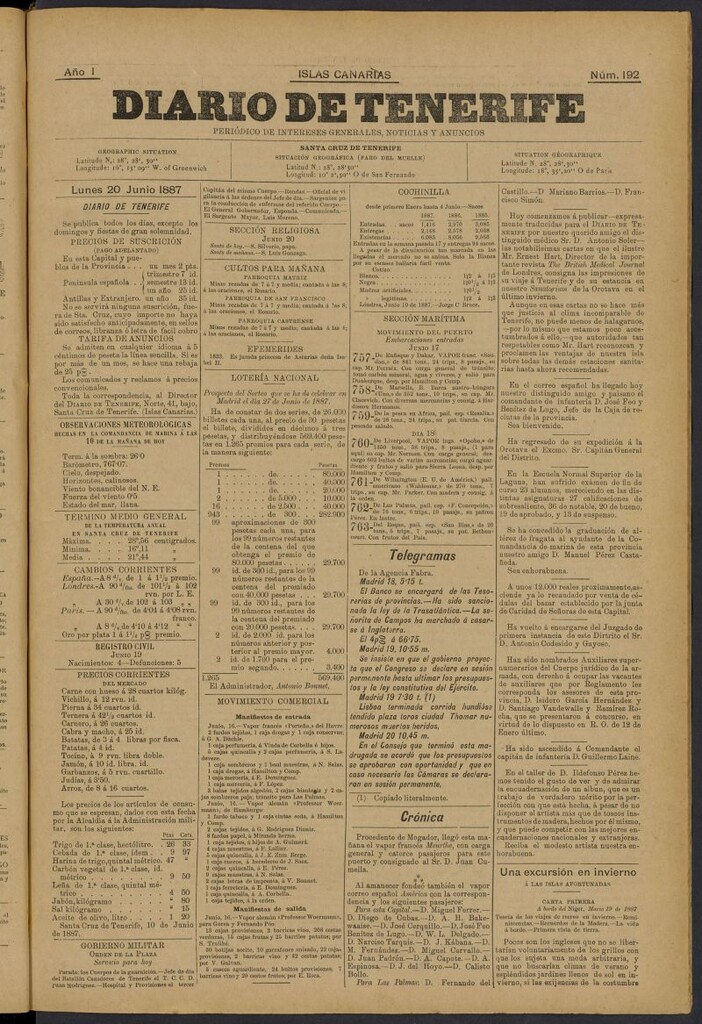 Miniatura de Diario de Tenerife del 20 de junio de 1887, nº 192