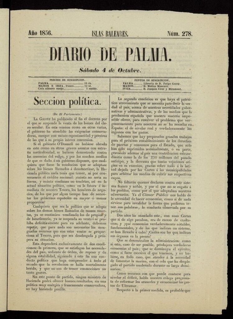 Miniatura de Diario de Palma del 4 de octubre de 1856, nº 278