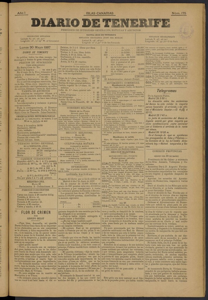 Miniatura de Diario de Tenerife del 30 de mayo de 1887, nº 175