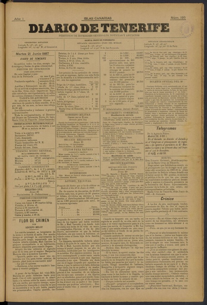 Miniatura de Diario de Tenerife del 21 de junio de 1887, nº 193