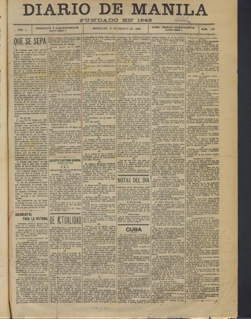 Miniatura de Diario de Manila del 31 de agosto de 1898, nº 166
