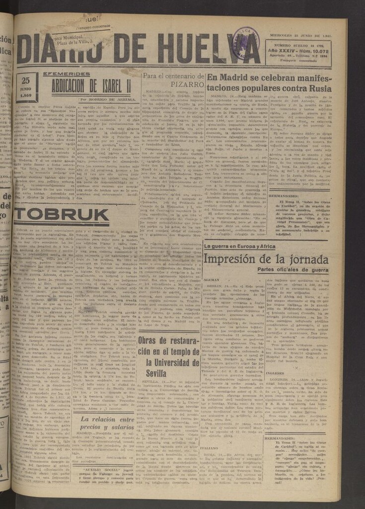 Miniatura de Diario de Huelva : periódico independiente del 25 de junio de 1941
