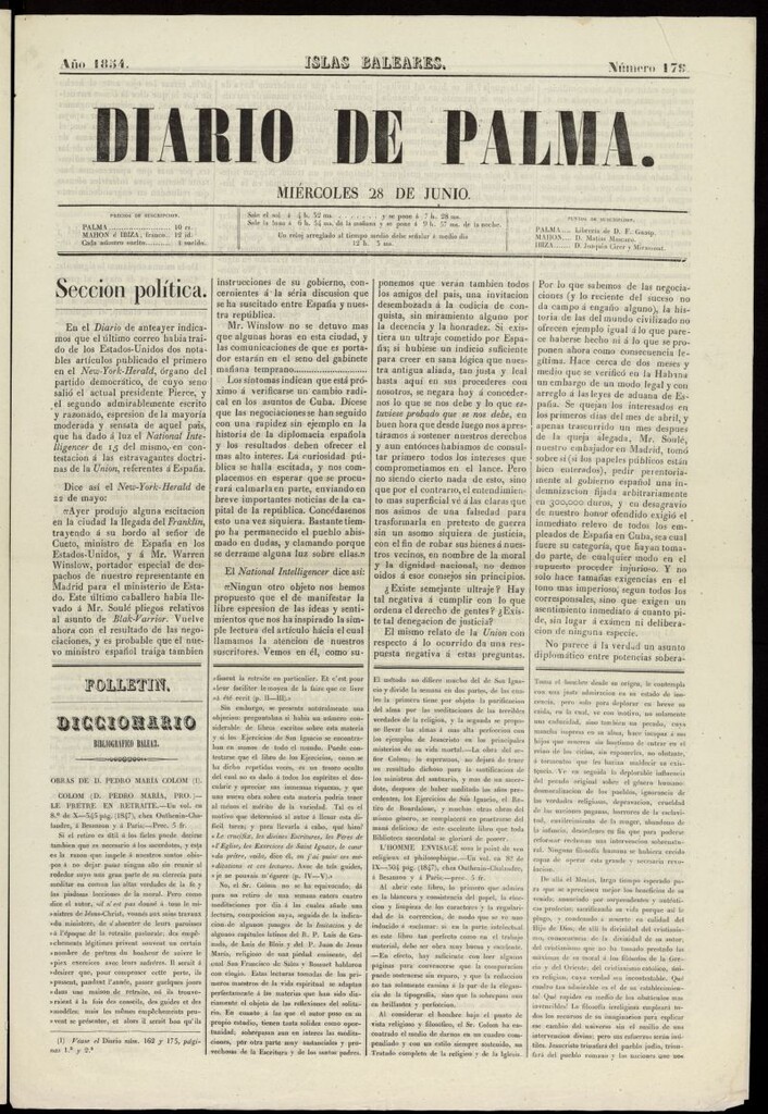 Miniatura de Diario de Palma del 28 de junio de 1854, nº 179