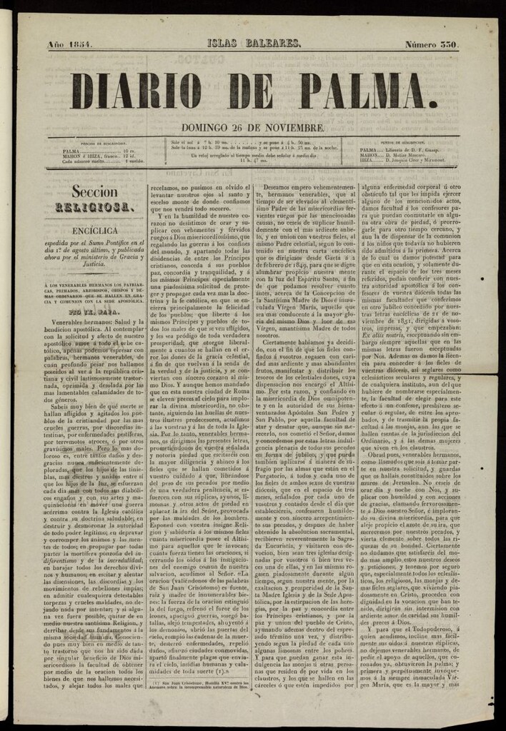 Miniatura de Diario de Palma del 26 de  noviembre de 1854, nº 330