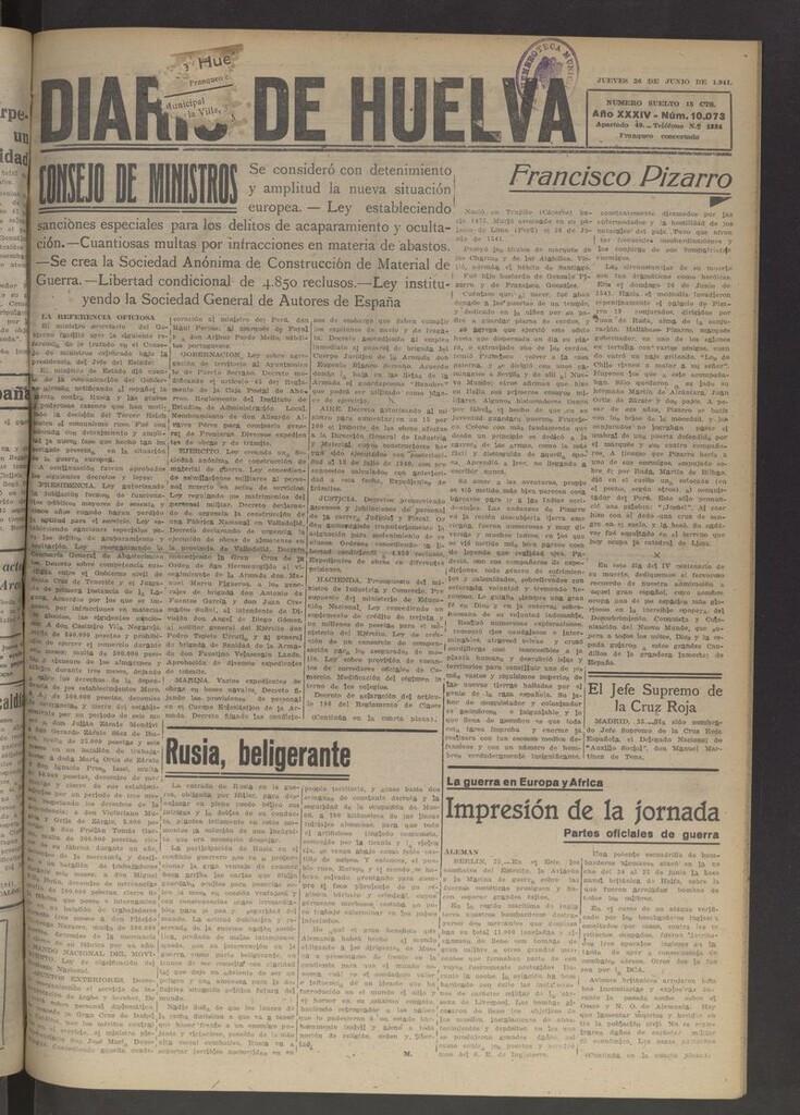 Miniatura de Diario de Huelva : periódico independiente del 26 de junio de 1941